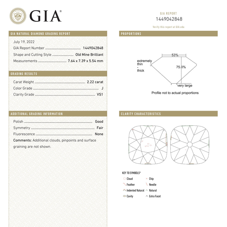 2.22ct 7.64x7.39x5.54mm GIA VS1 J Antique Old Mine Cut 23115-01 - Rachel Boston Jewellery