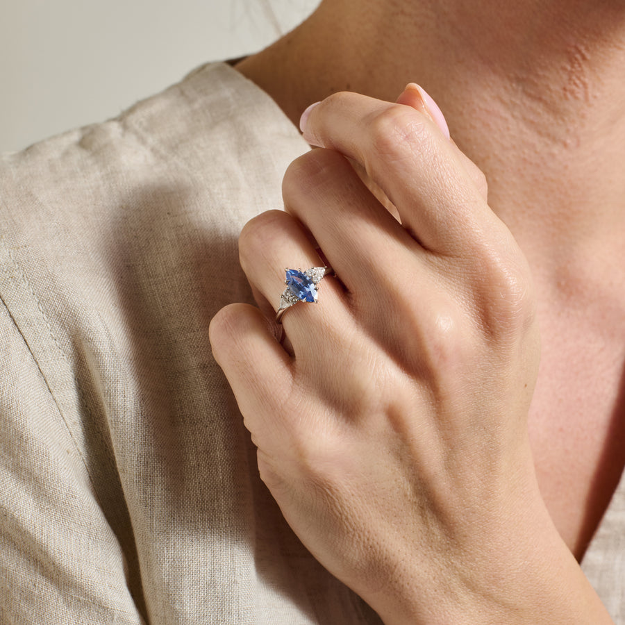 The Lois Sapphire Ring by East London jeweller Rachel Boston | Discover our collections of unique and timeless engagement rings, wedding rings, and modern fine jewellery. - Rachel Boston Jewellery