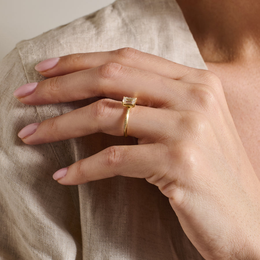 The X - Grace with Diamonds Ring - Emerald Cut by East London jeweller Rachel Boston | Discover our collections of unique and timeless engagement rings, wedding rings, and modern fine jewellery. - Rachel Boston Jewellery
