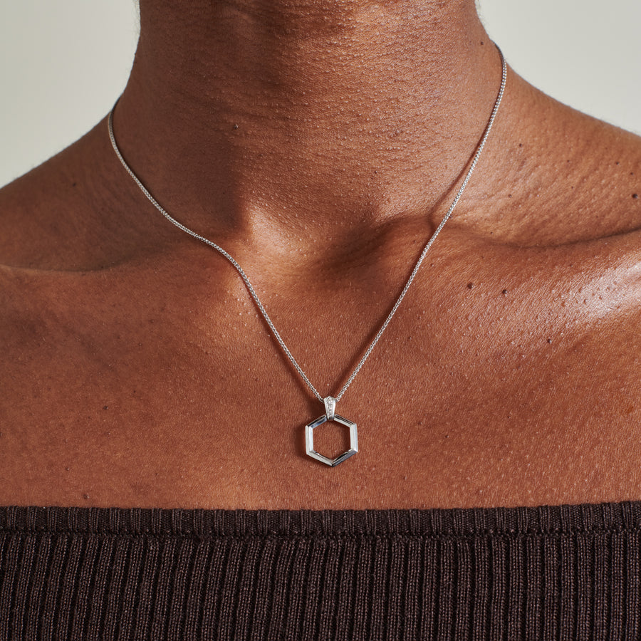 The Hex Hoop Necklace by East London jeweller Rachel Boston | Discover our collections of unique and timeless engagement rings, wedding rings, and modern fine jewellery. - Rachel Boston Jewellery