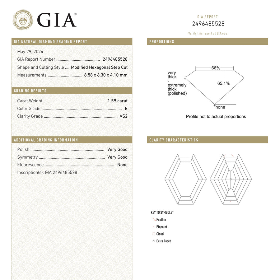The 1.59ct 8.58x6.30x4.10mm GIA VS2 E Hexagon Step Cut 25908-01 by East London jeweller Rachel Boston | Discover our collections of unique and timeless engagement rings, wedding rings, and modern fine jewellery. - Rachel Boston Jewellery