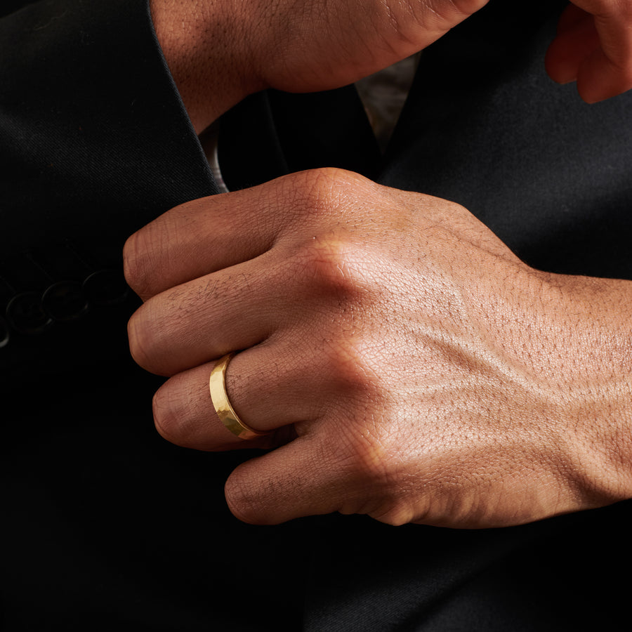 The Matte Hammered Flat Wedding Band - 4.5mm by East London jeweller Rachel Boston | Discover our collections of unique and timeless engagement rings, wedding rings, and modern fine jewellery. - Rachel Boston Jewellery