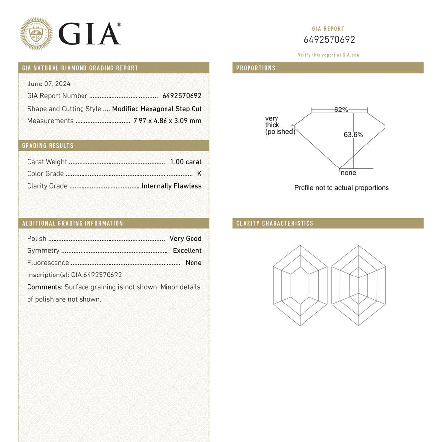 The 1.00ct 7.97x4.86x3.09mm GIA Internally Flawless K Hexagon Step Cut 25803-06 by East London jeweller Rachel Boston | Discover our collections of unique and timeless engagement rings, wedding rings, and modern fine jewellery. - Rachel Boston Jewellery