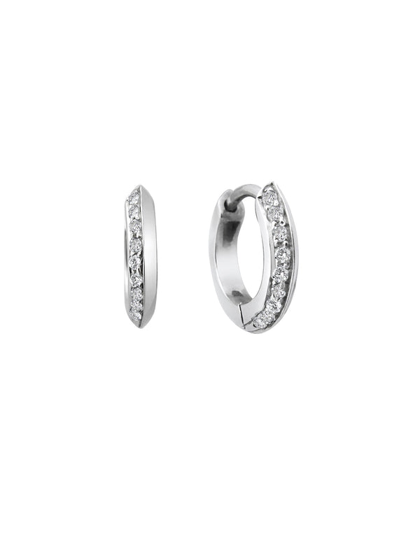 The 10mm Knife Edge Diamond Huggie Hoop Earrings by East London jeweller Rachel Boston | Discover our collections of unique and timeless engagement rings, wedding rings, and modern fine jewellery.