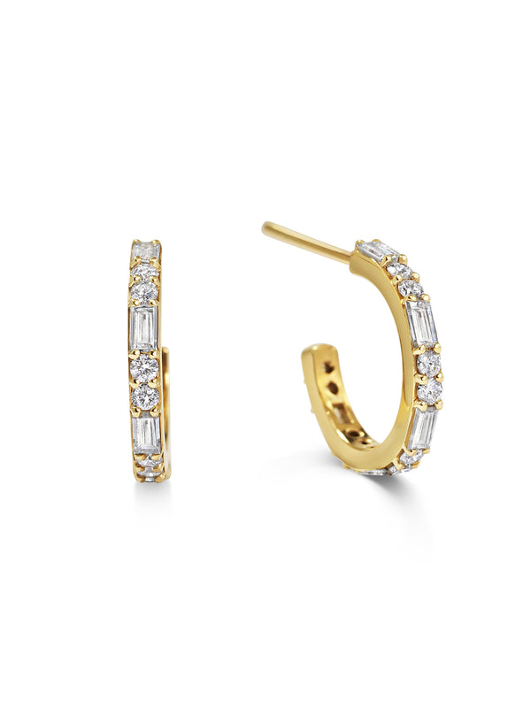 The Baguette & Round Hoop Earrings by East London jeweller Rachel Boston | Discover our collections of unique and timeless engagement rings, wedding rings, and modern fine jewellery.
