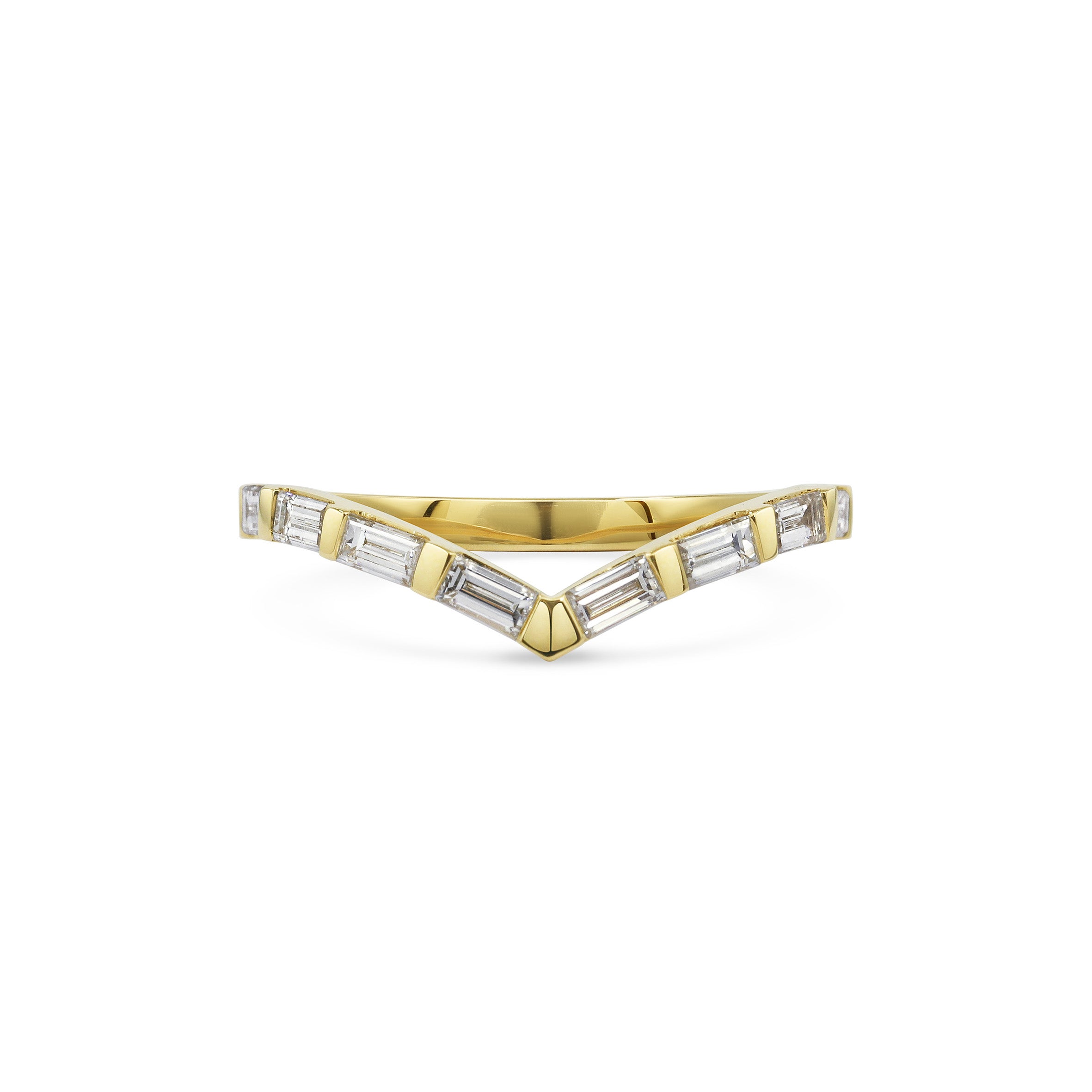 The Baguette Diamond V Shape Wedding Band by East London jeweller Rachel Boston | Discover our collections of unique and timeless engagement rings, wedding rings, and modern fine jewellery.