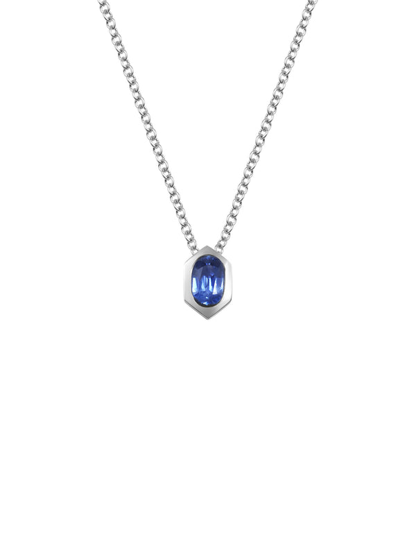 The Oval Sapphire Hexagon Necklace by East London jeweller Rachel Boston | Discover our collections of unique and timeless engagement rings, wedding rings, and modern fine jewellery.