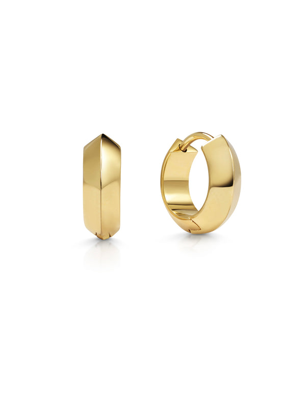 The Chunky Knife Edge Huggie Hoop Earrings by East London jeweller Rachel Boston | Discover our collections of unique and timeless engagement rings, wedding rings, and modern fine jewellery.