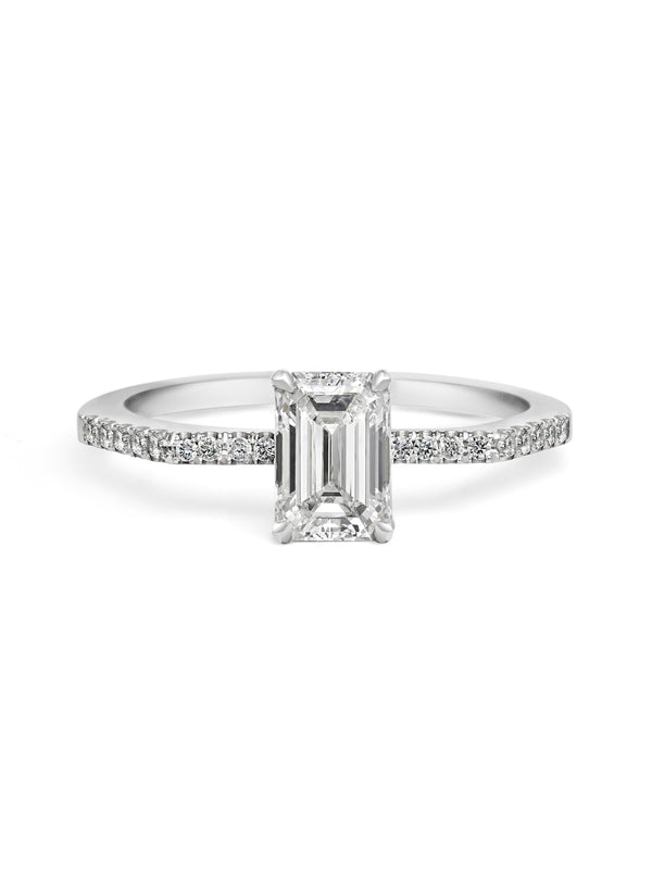 The Deco Emerald Ring by East London jeweller Rachel Boston | Discover our collections of unique and timeless engagement rings, wedding rings, and modern fine jewellery.