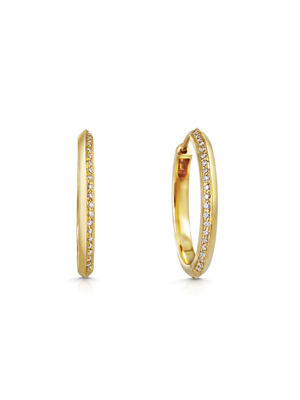 The Diamond Knife Edge Hoop Earrings by East London jeweller Rachel Boston | Discover our collections of unique and timeless engagement rings, wedding rings, and modern fine jewellery.