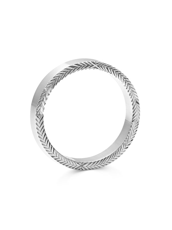 The Engraved Chevron on Side - 4mm by East London jeweller Rachel Boston | Discover our collections of unique and timeless engagement rings, wedding rings, and modern fine jewellery.