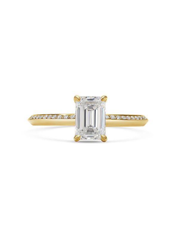 The Grace with Diamonds Ring - Emerald Cut by East London jeweller Rachel Boston | Discover our collections of unique and timeless engagement rings, wedding rings, and modern fine jewellery.
