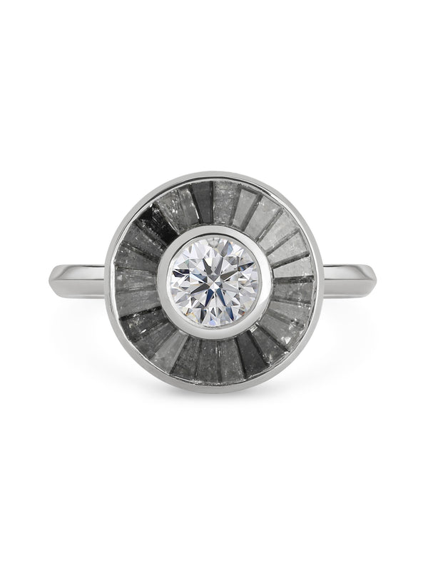 The Grey Halo Engagement Ring by East London jeweller Rachel Boston | Discover our collections of unique and timeless engagement rings, wedding rings, and modern fine jewellery.