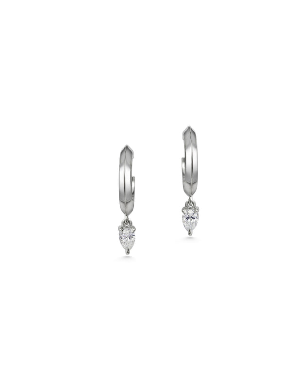 The Knife Edge Hoop Earrings with Pear Diamonds by East London jeweller Rachel Boston | Discover our collections of unique and timeless engagement rings, wedding rings, and modern fine jewellery.