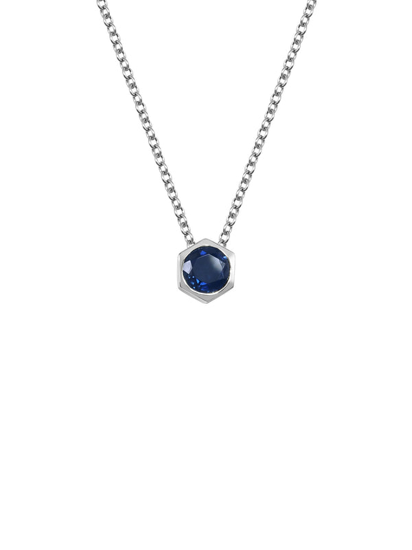 The Round Sapphire Hexagon Necklace by East London jeweller Rachel Boston | Discover our collections of unique and timeless engagement rings, wedding rings, and modern fine jewellery.