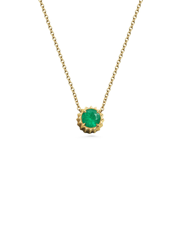 The X - Sunburst Emerald Necklace by East London jeweller Rachel Boston | Discover our collections of unique and timeless engagement rings, wedding rings, and modern fine jewellery.