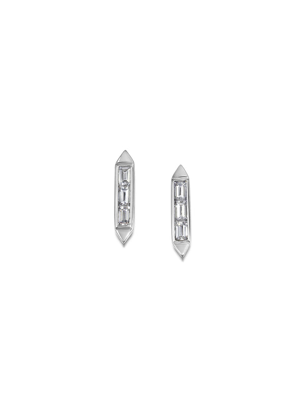 The Trio Baguette Deco Earrings by East London jeweller Rachel Boston | Discover our collections of unique and timeless engagement rings, wedding rings, and modern fine jewellery.