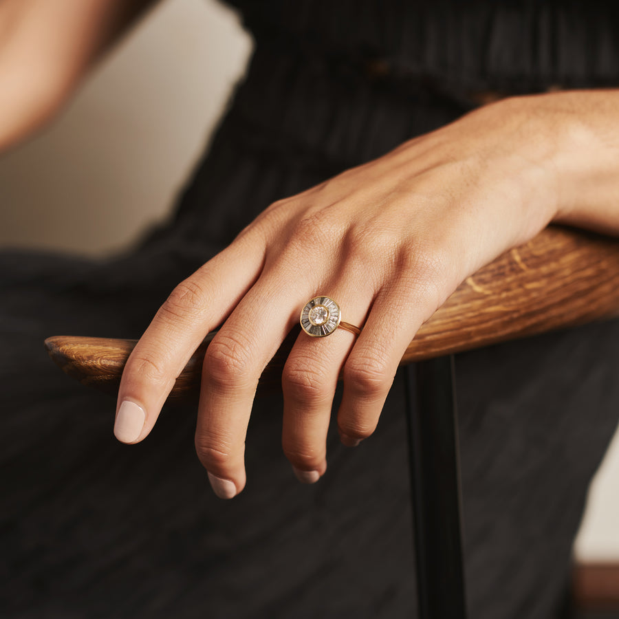 The Grey Halo Engagement Ring - In Stock by East London jeweller Rachel Boston | Discover our collections of unique and timeless engagement rings, wedding rings, and modern fine jewellery. - Rachel Boston Jewellery