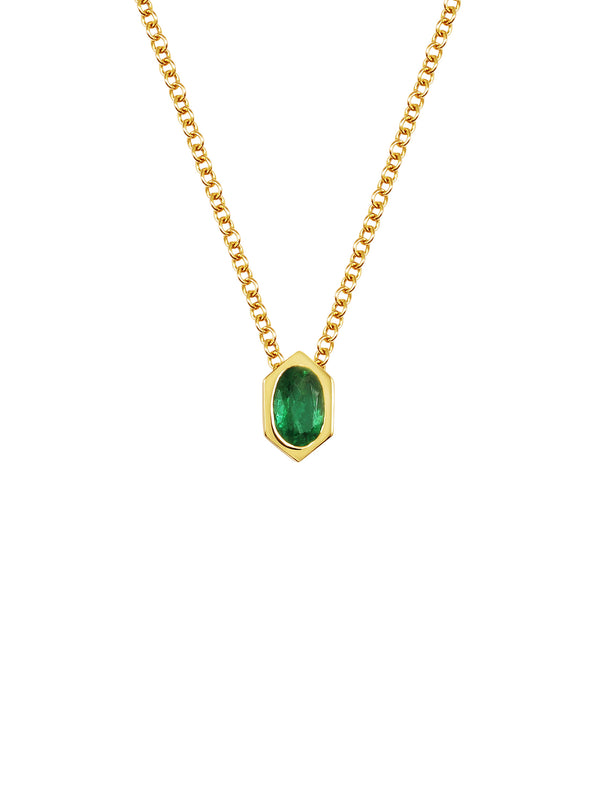 The Oval Emerald Hexagon Necklace by East London jeweller Rachel Boston | Discover our collections of unique and timeless engagement rings, wedding rings, and modern fine jewellery.