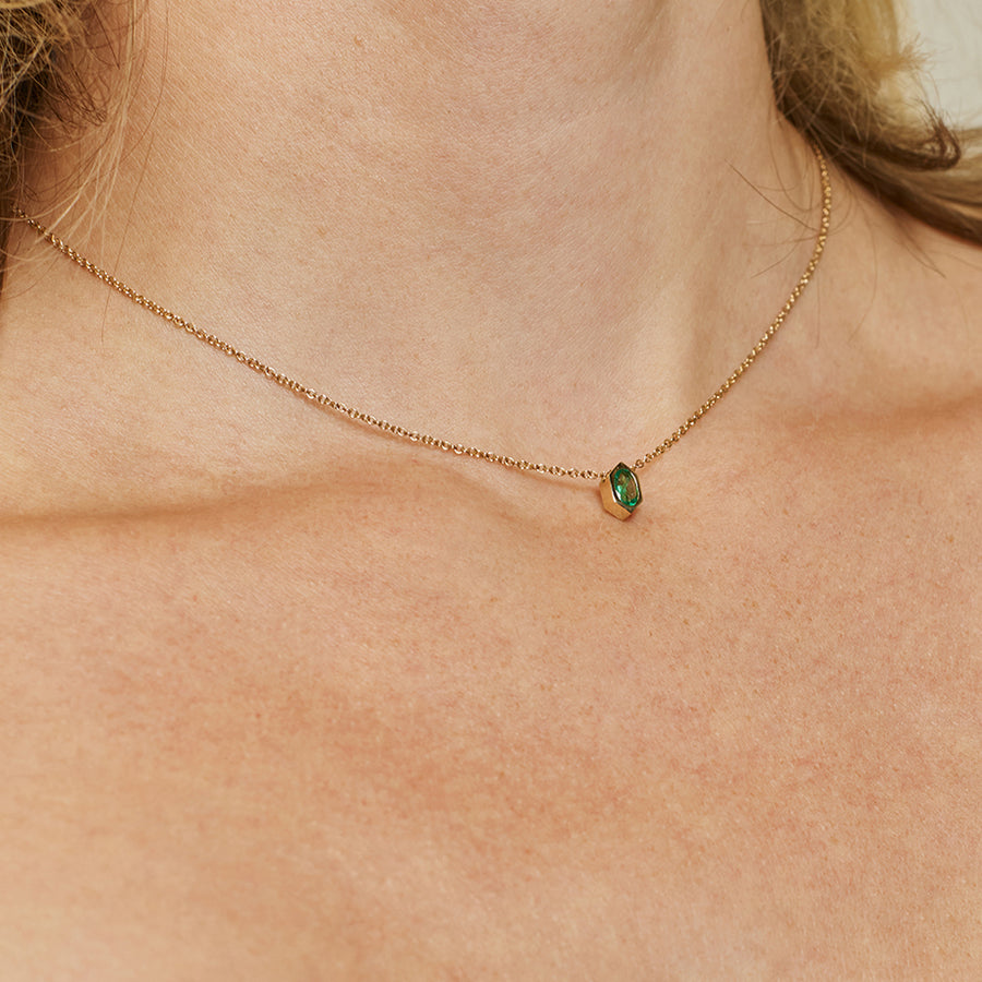 The Oval Emerald Hexagon Necklace by East London jeweller Rachel Boston | Discover our collections of unique and timeless engagement rings, wedding rings, and modern fine jewellery. - Rachel Boston Jewellery