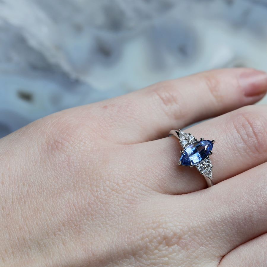 The X - Lois Sapphire Ring by East London jeweller Rachel Boston | Discover our collections of unique and timeless engagement rings, wedding rings, and modern fine jewellery. - Rachel Boston Jewellery