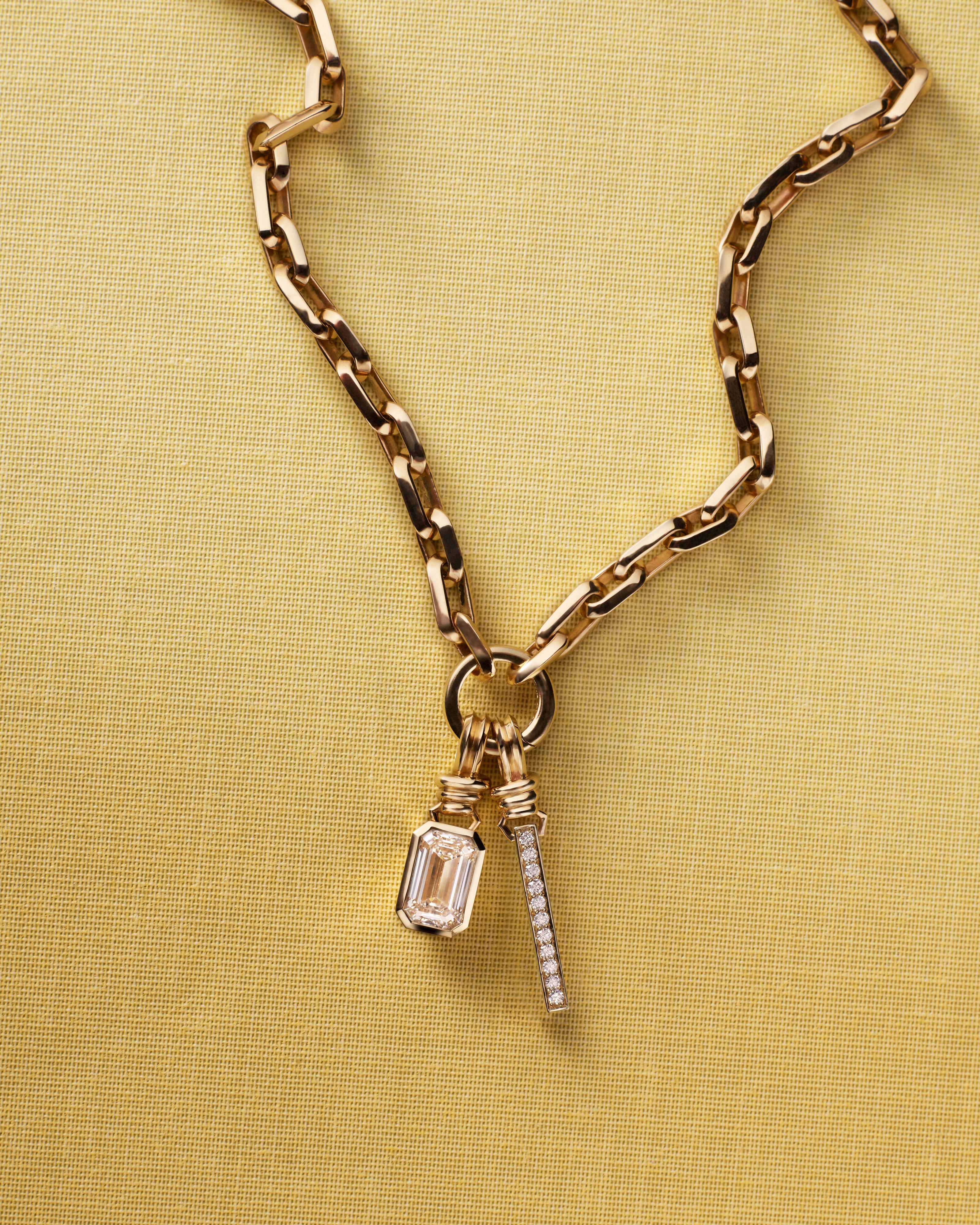 The Latch Pendant - Emerald Cut by East London jeweller Rachel Boston | Discover our collections of unique and timeless engagement rings, wedding rings, and modern fine jewellery.