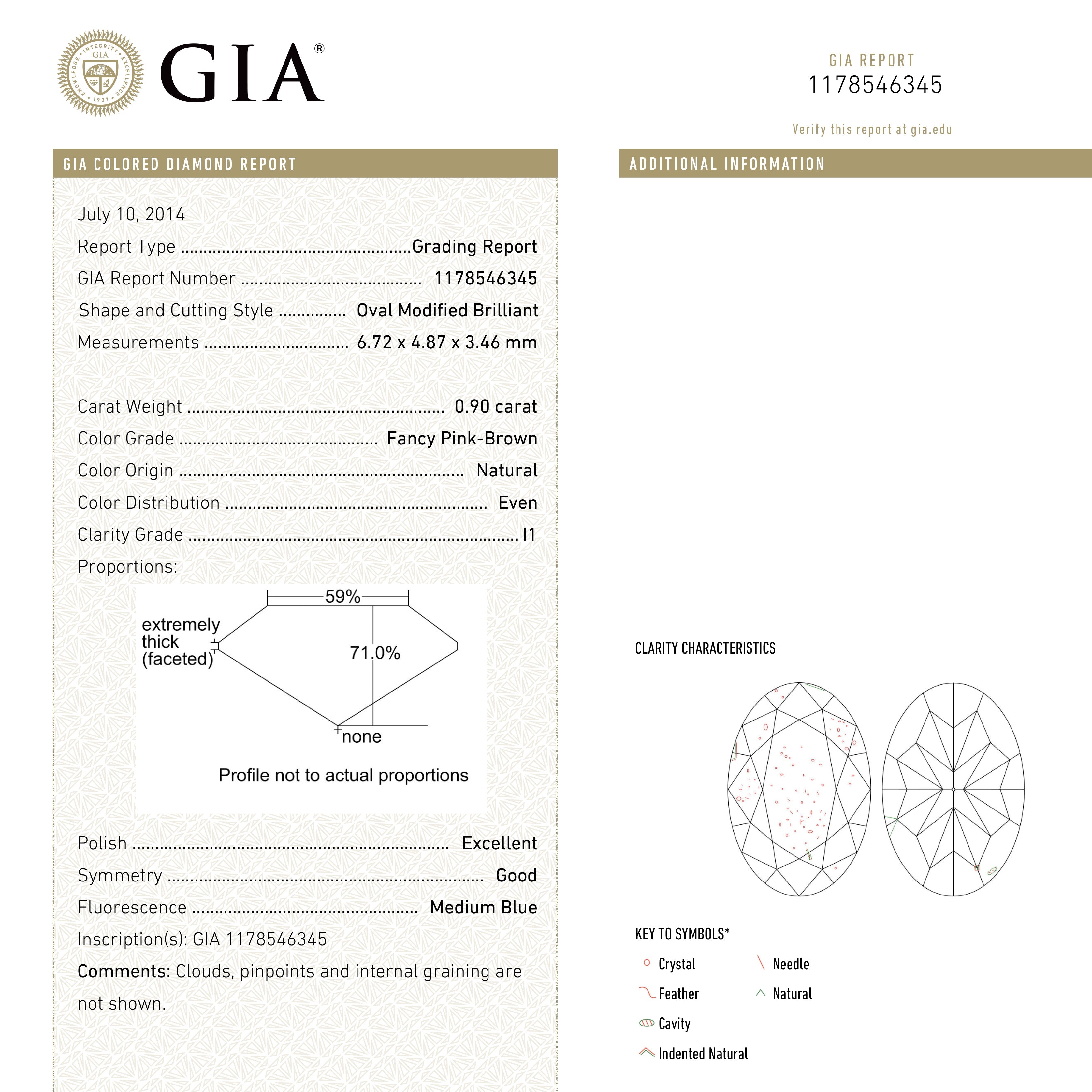 The 0.90ct 6.72x4.87x3.46mm GIA I1 Fancy Pink-Brown Oval Brilliant 🇦🇺 24092-01 by East London jeweller Rachel Boston | Discover our collections of unique and timeless engagement rings, wedding rings, and modern fine jewellery.