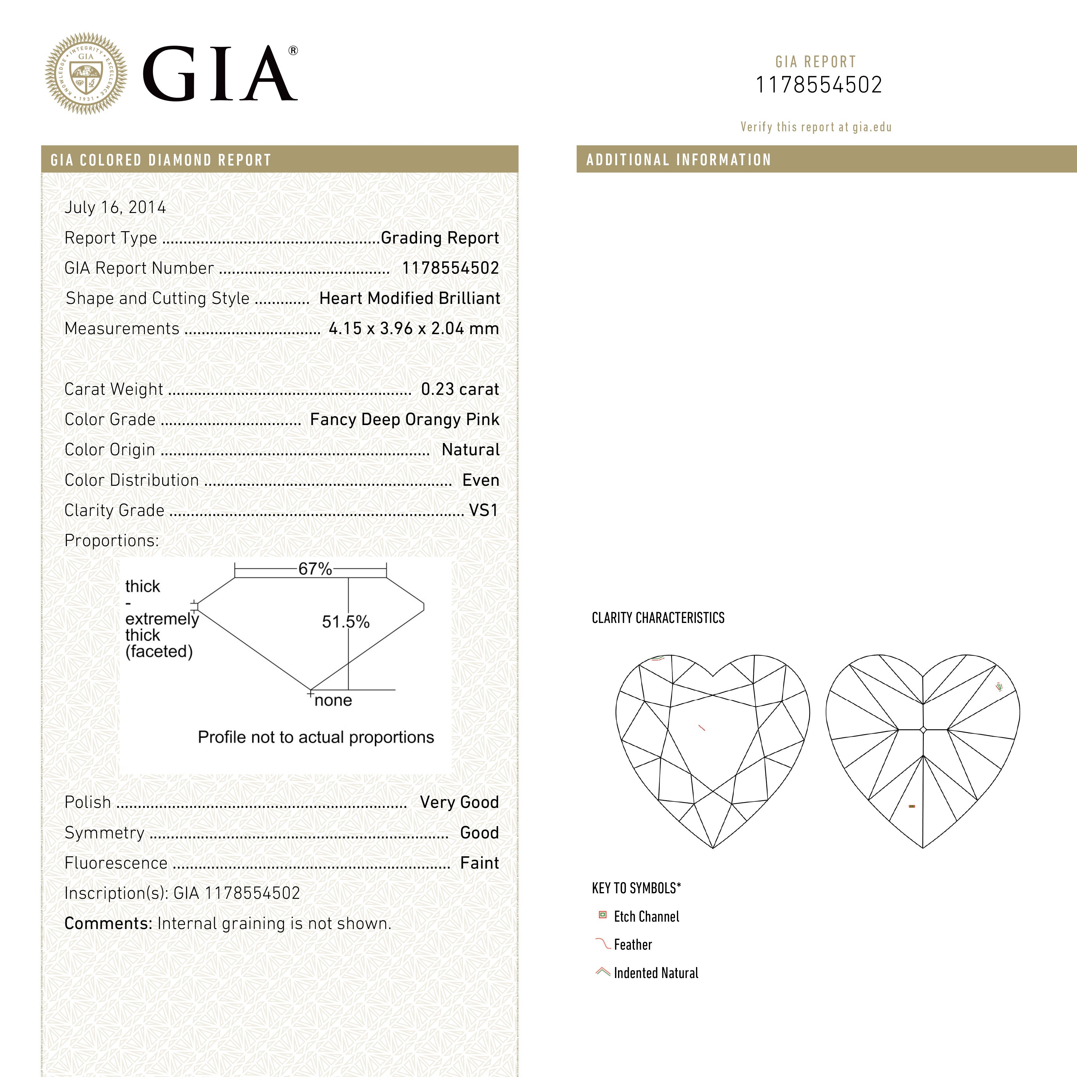 The 0.23ct 4.15x3.96x2.04mm GIA VS1 Fancy Deep Orangy Pink Heart Brilliant 🇦🇺 24121-01 by East London jeweller Rachel Boston | Discover our collections of unique and timeless engagement rings, wedding rings, and modern fine jewellery.