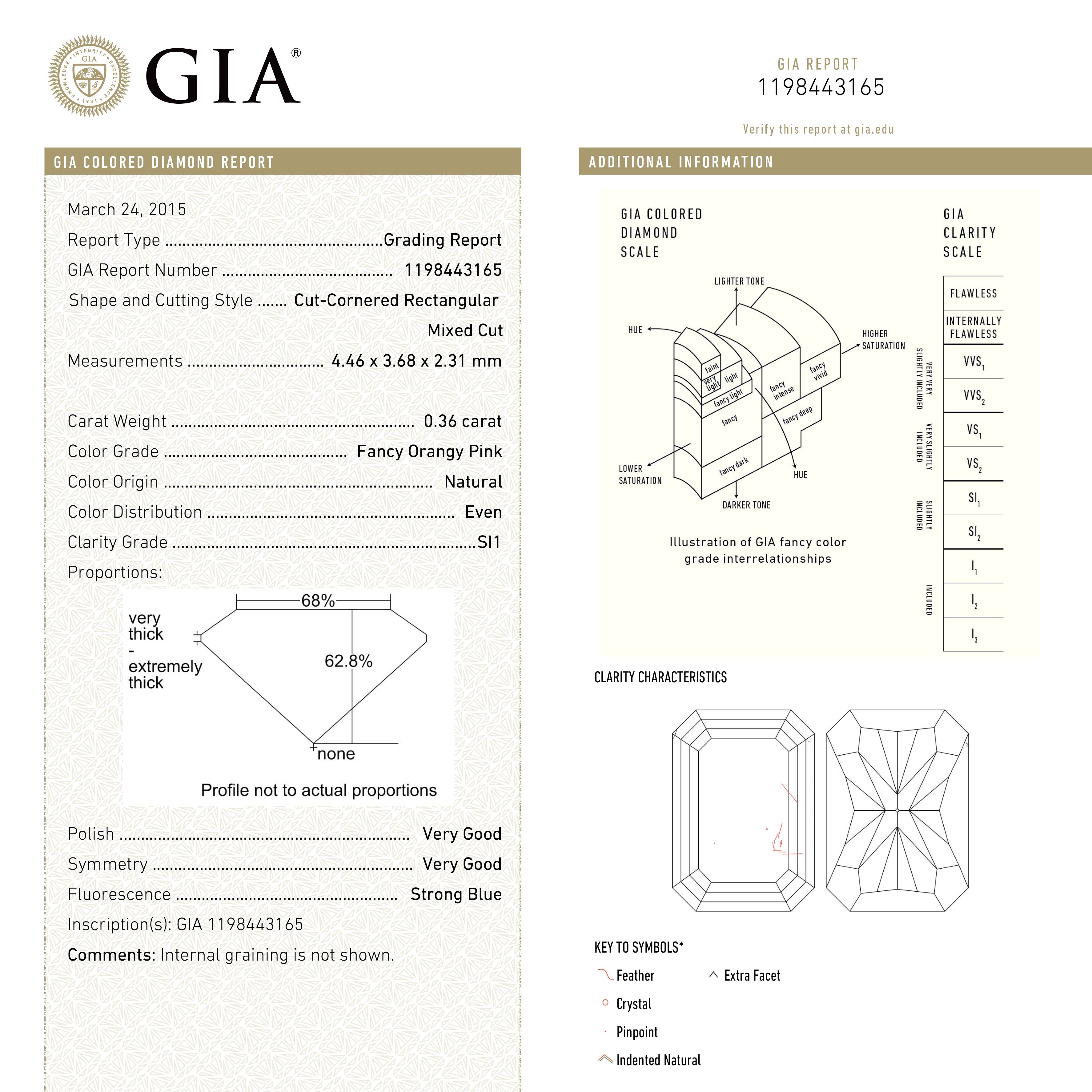 The 0.36ct 4.46x3.68x2.31mm GIA SI1 Fancy Orangy Pink Cut Corner Rectangle Brilliant 🇦🇺 24123-01 by East London jeweller Rachel Boston | Discover our collections of unique and timeless engagement rings, wedding rings, and modern fine jewellery.
