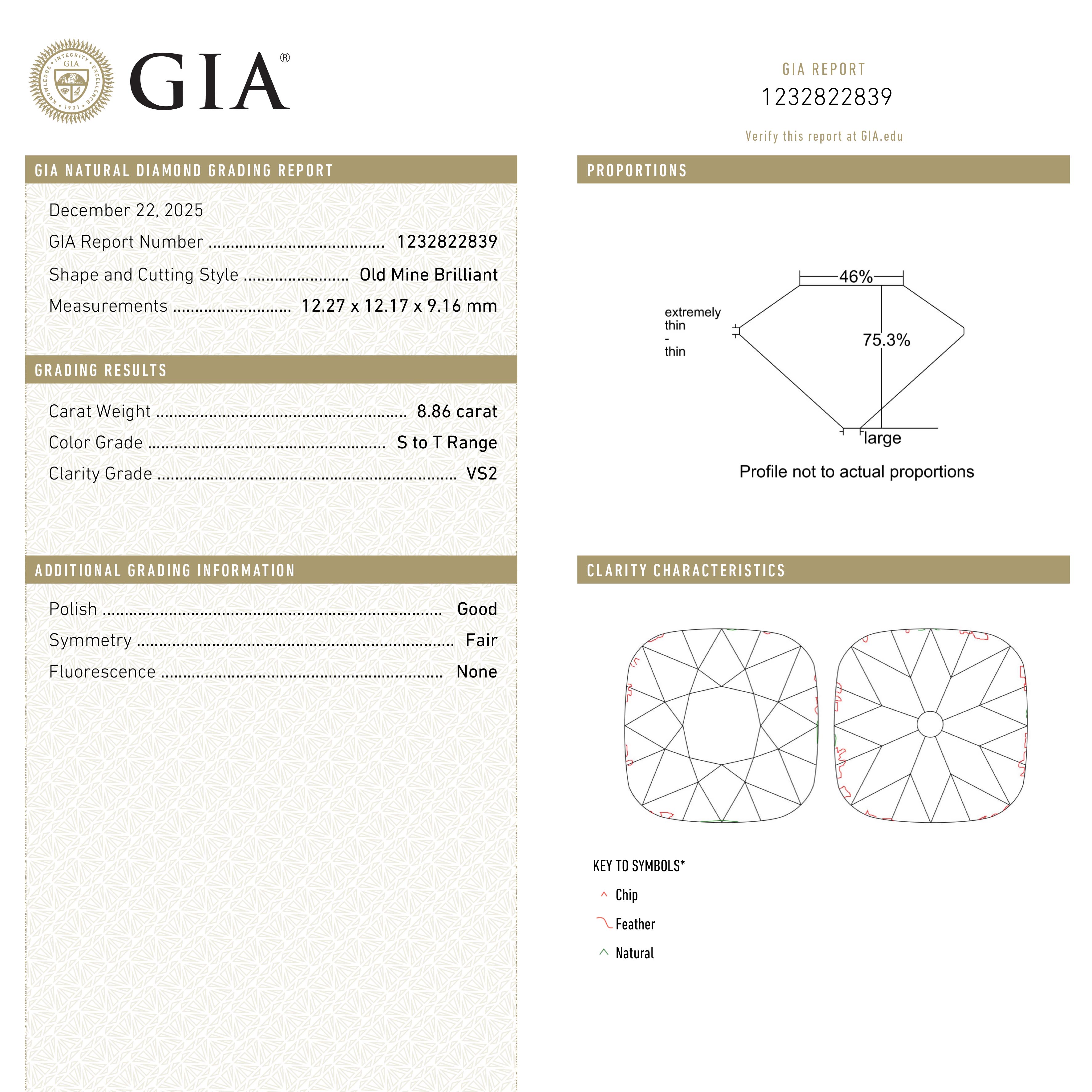 The 8.86ct 12.26x12.17x9.14mm GIA VS2 S-T Antique Old Mine Cut 27425-01 by East London jeweller Rachel Boston | Discover our collections of unique and timeless engagement rings, wedding rings, and modern fine jewellery.
