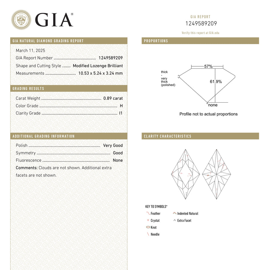 The 0.89ct 10.53x5.24x3.24mm GIA I1 H Lozenge Brilliant 26171-01 by East London jeweller Rachel Boston | Discover our collections of unique and timeless engagement rings, wedding rings, and modern fine jewellery. - Rachel Boston Jewellery