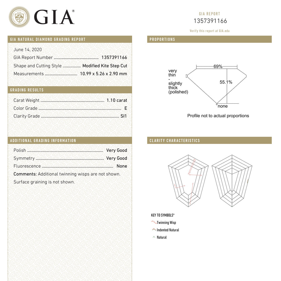 The 1.10ct 10.99x5.26x2.90mm GIA SI1 E Kite Step Cut 19488-01 by East London jeweller Rachel Boston | Discover our collections of unique and timeless engagement rings, wedding rings, and modern fine jewellery. - Rachel Boston Jewellery