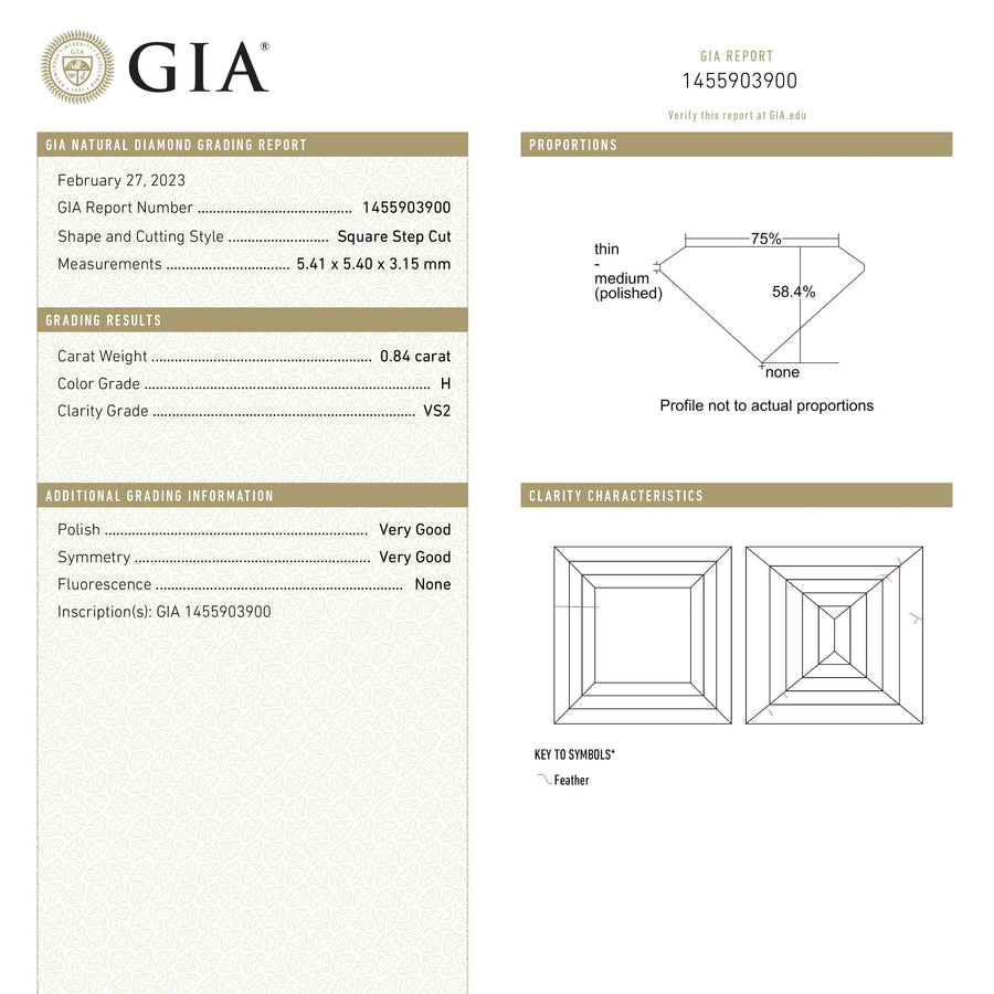 The 0.84ct 5.39x5.39x3.12mm GIA H VS2 Carré Step Cut 23034-01 by East London jeweller Rachel Boston | Discover our collections of unique and timeless engagement rings, wedding rings, and modern fine jewellery. - Rachel Boston Jewellery
