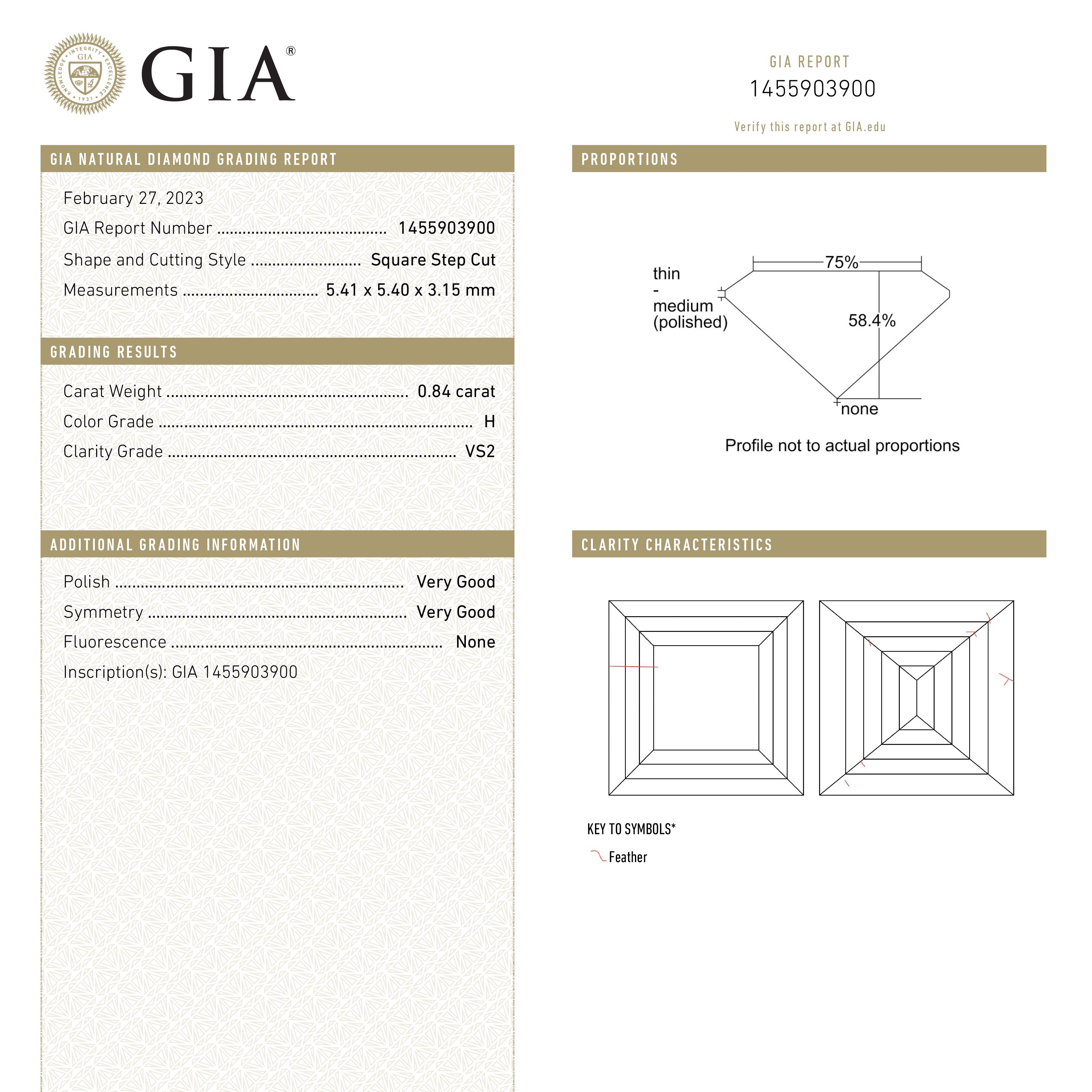 The 0.84ct 5.39x5.39x3.12mm GIA H VS2 Carré Step Cut 23034-01 by East London jeweller Rachel Boston | Discover our collections of unique and timeless engagement rings, wedding rings, and modern fine jewellery.