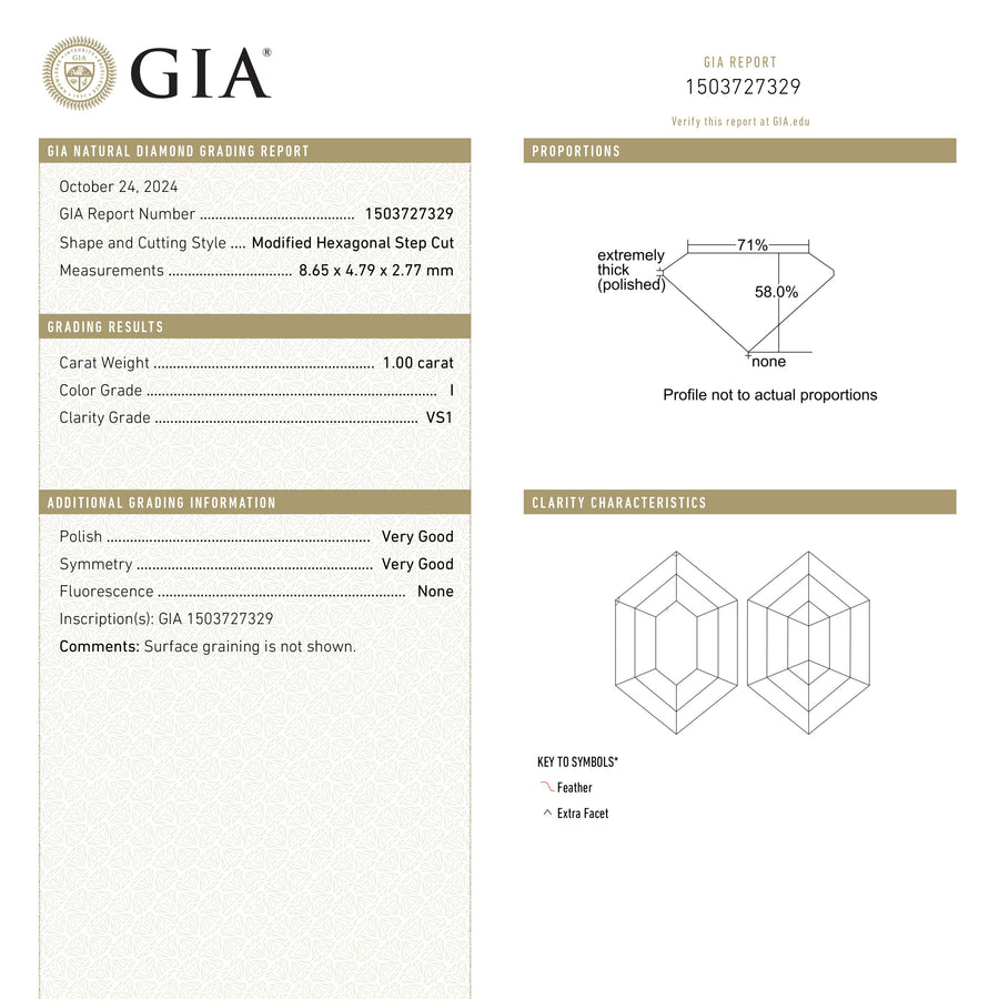 The 1.00ct 8.65x4.79x2.77mm GIA VS1 I Hexagon Step Cut 25803-08 by East London jeweller Rachel Boston | Discover our collections of unique and timeless engagement rings, wedding rings, and modern fine jewellery. - Rachel Boston Jewellery
