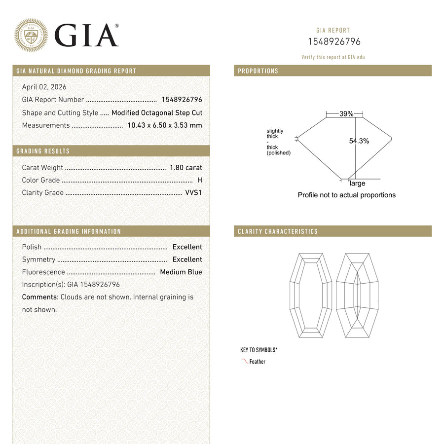 The 1.80ct 10.43x6.50x3.53mm GIA VVS1 H Cut Corner Rectangle Step Cut 28011-01 by East London jeweller Rachel Boston | Discover our collections of unique and timeless engagement rings, wedding rings, and modern fine jewellery. - Rachel Boston Jewellery