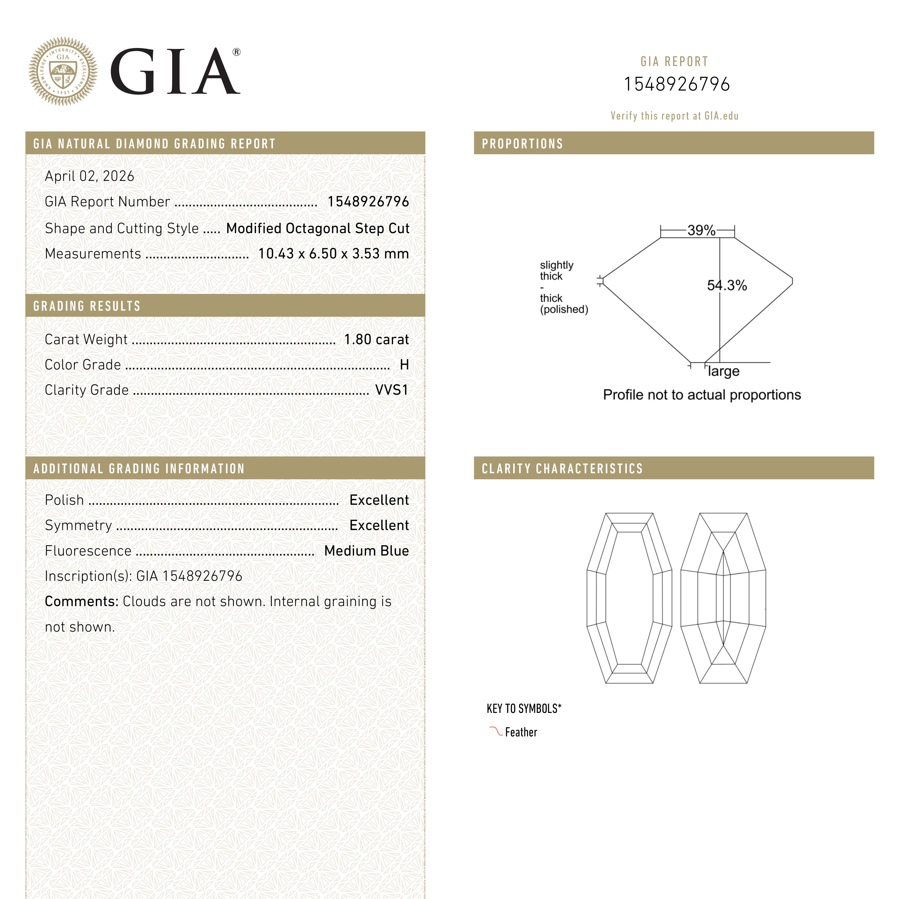 The 1.80ct 10.43x6.50x3.53mm GIA VVS1 H Cut Corner Rectangle Step Cut 28011-01 by East London jeweller Rachel Boston | Discover our collections of unique and timeless engagement rings, wedding rings, and modern fine jewellery.