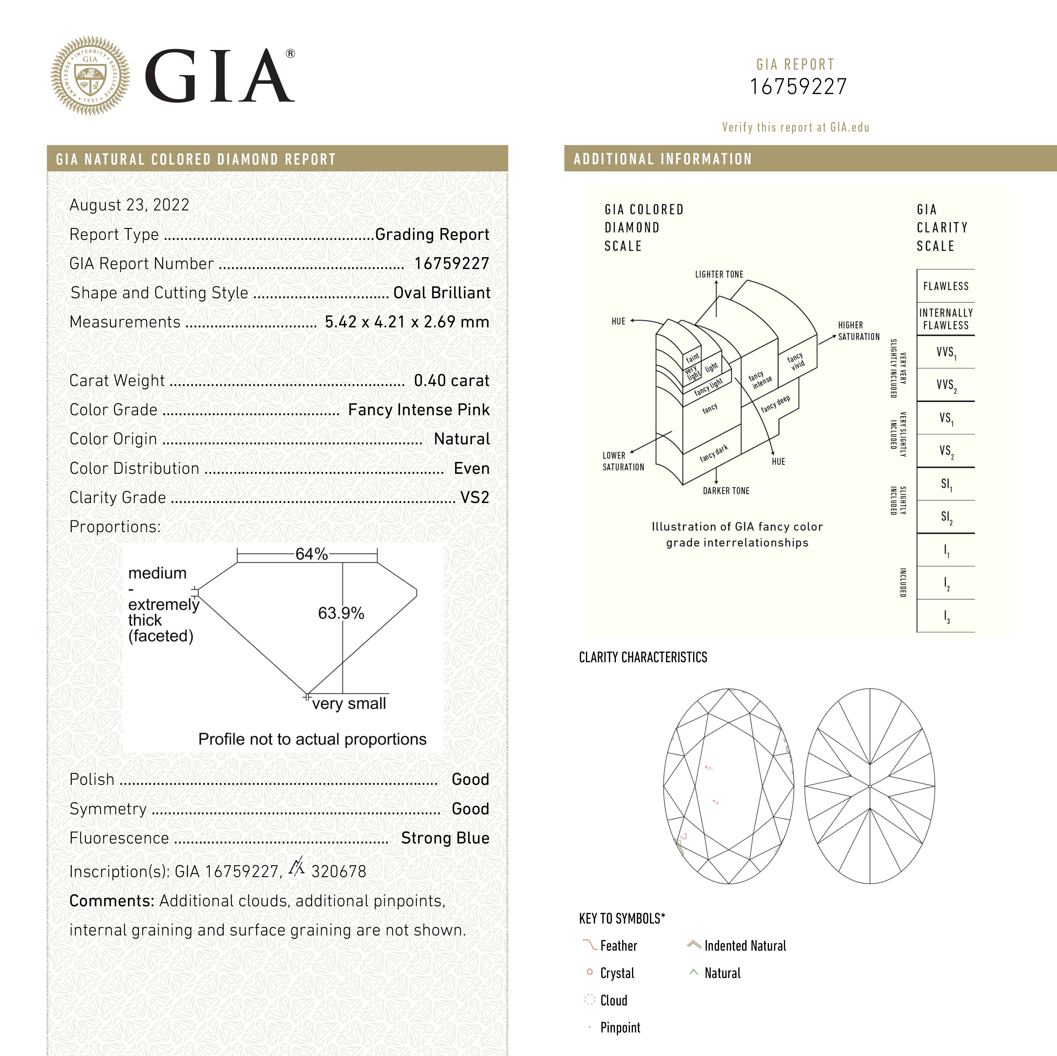 The 0.40ct 5.42x4.21x2.69mm GIA VS2 Fancy Intense Pink Oval Brilliant 24157-01 by East London jeweller Rachel Boston | Discover our collections of unique and timeless engagement rings, wedding rings, and modern fine jewellery.