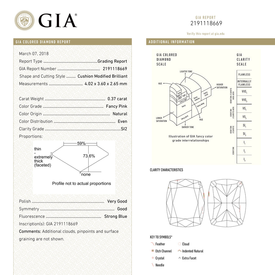 The 0.37ct 4.02x3.60x2.65mm GIA SI2 Fancy Pink Cushion Brilliant 🇦🇺 24141-01 by East London jeweller Rachel Boston | Discover our collections of unique and timeless engagement rings, wedding rings, and modern fine jewellery. - Rachel Boston Jewellery