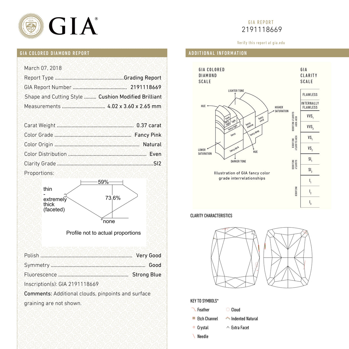 The 0.37ct 4.02x3.60x2.65mm GIA SI2 Fancy Pink Cushion Brilliant 🇦🇺 24141-01 by East London jeweller Rachel Boston | Discover our collections of unique and timeless engagement rings, wedding rings, and modern fine jewellery.