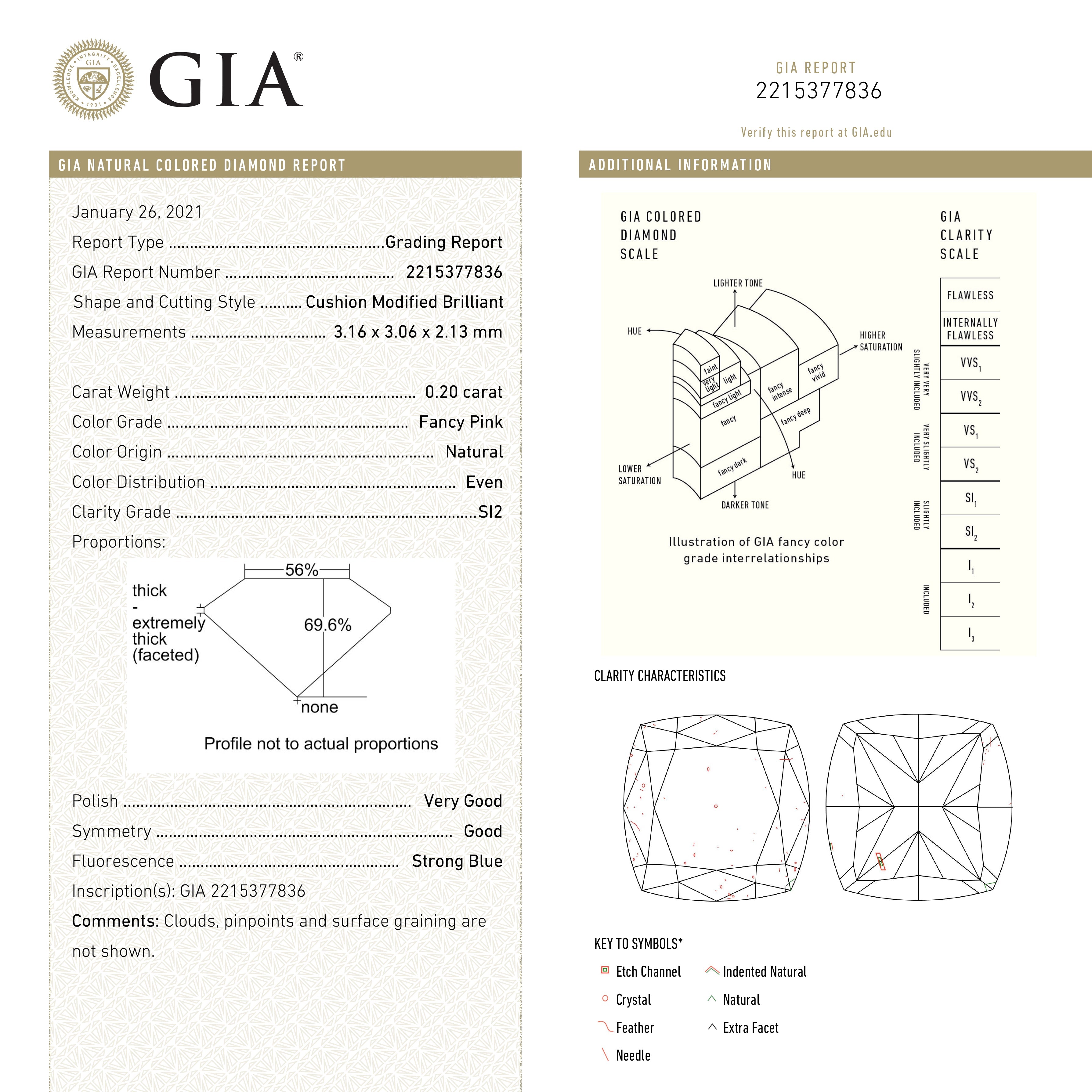 The 0.20ct 3.16x3.06x2.13mm GIA SI2 Fancy Pink Cushion Brilliant 🇦🇺 24099-01 by East London jeweller Rachel Boston | Discover our collections of unique and timeless engagement rings, wedding rings, and modern fine jewellery.