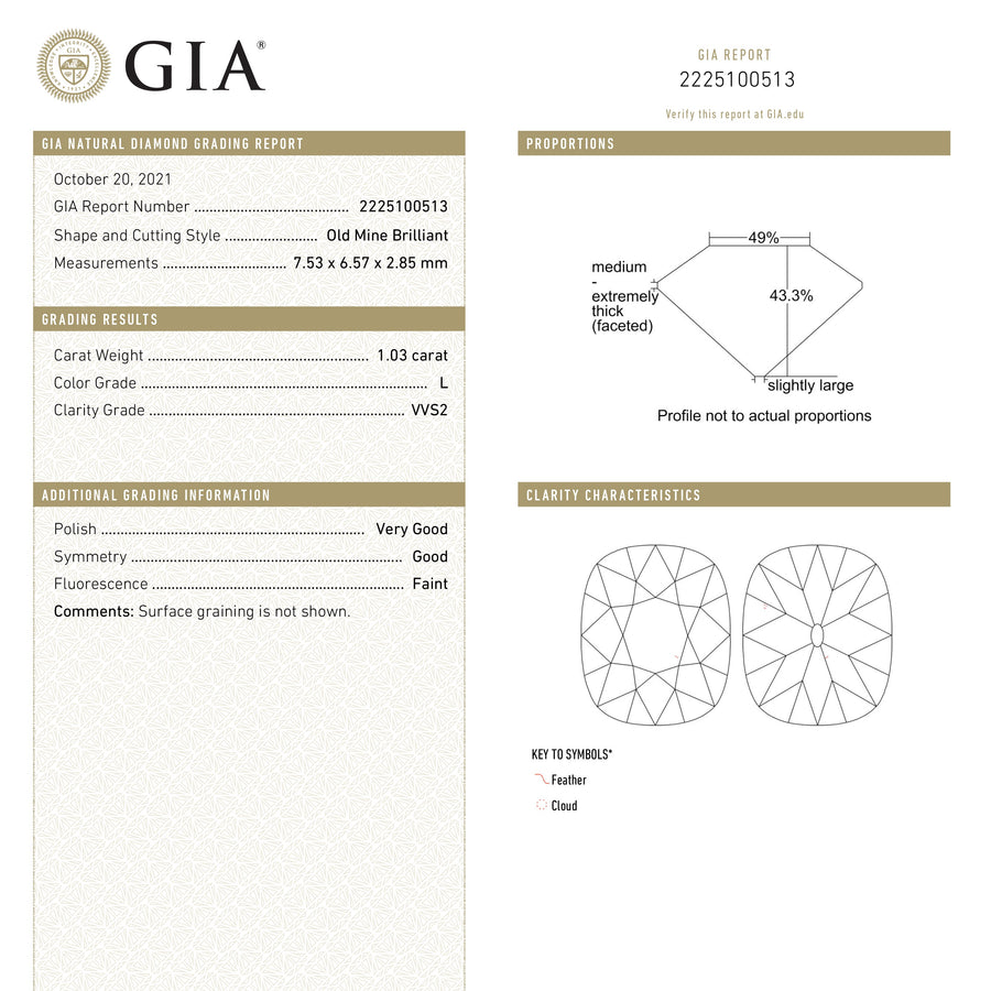 1.03ct 7.53x6.57x2.85mm GIA VVS2 L Modern Antique Old Mine Cut 19392-01 - Rachel Boston Jewellery