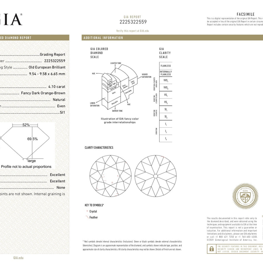 The 4.10ct 9.57x9.54x6.79mm GIA SI1 Fancy Dark Orange-Brown Modern Antique Old European Cut 19400-01 by East London jeweller Rachel Boston | Discover our collections of unique and timeless engagement rings, wedding rings, and modern fine jewellery. - Rachel Boston Jewellery