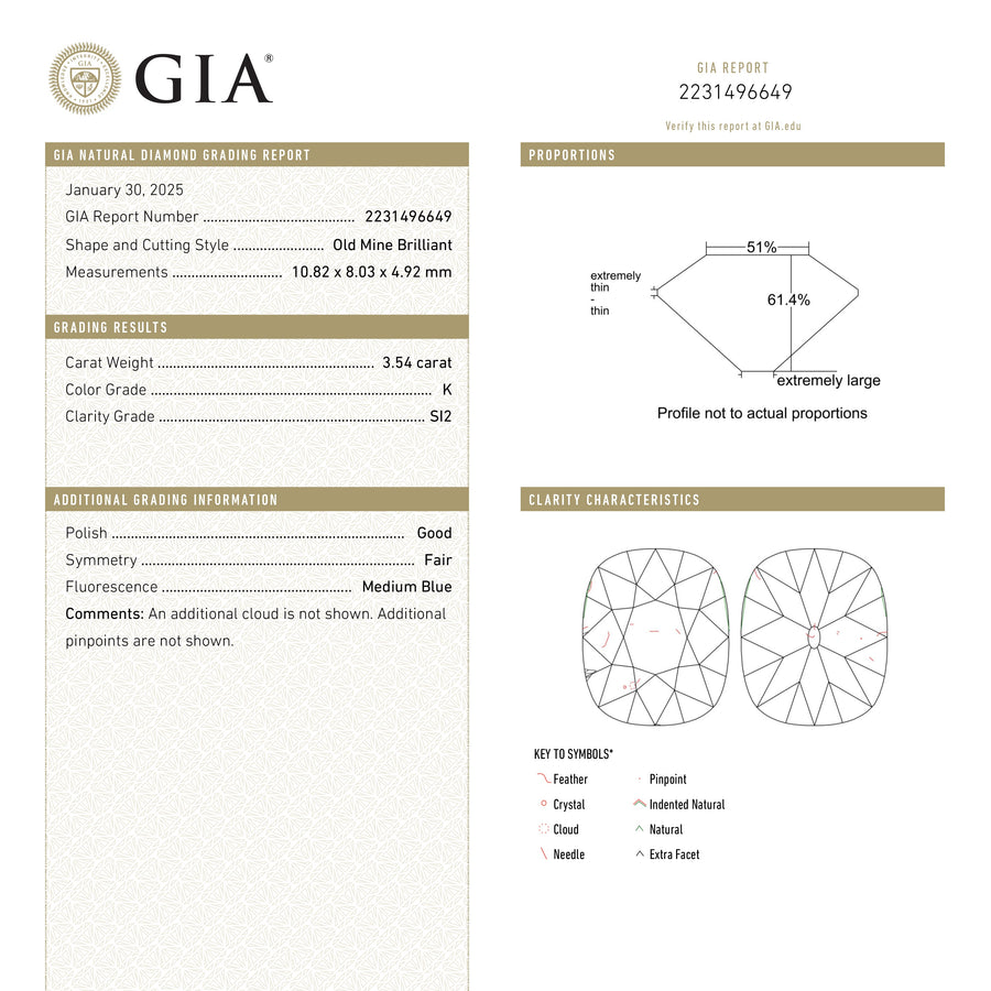 The 3.54ct 10.82x8.03x4.92mm GIA SI2 K Antique Old Mine Cut 25920-01 by East London jeweller Rachel Boston | Discover our collections of unique and timeless engagement rings, wedding rings, and modern fine jewellery. - Rachel Boston Jewellery