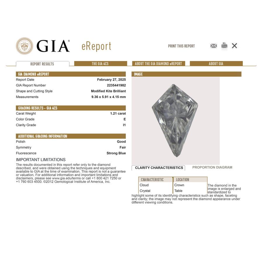 The 1.21ct 9.36x5.91x4.15mm GIA I1 E Kite Brilliant 26169-01 by East London jeweller Rachel Boston | Discover our collections of unique and timeless engagement rings, wedding rings, and modern fine jewellery. - Rachel Boston Jewellery