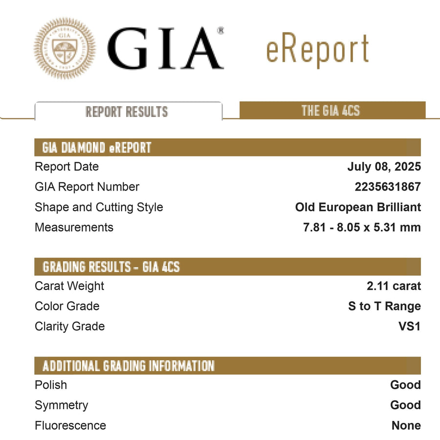 The 2.11ct 7.81x8.05x5.31mm GIA VS1 S-T Antique Old European Cut 26755-01 by East London jeweller Rachel Boston | Discover our collections of unique and timeless engagement rings, wedding rings, and modern fine jewellery. - Rachel Boston Jewellery