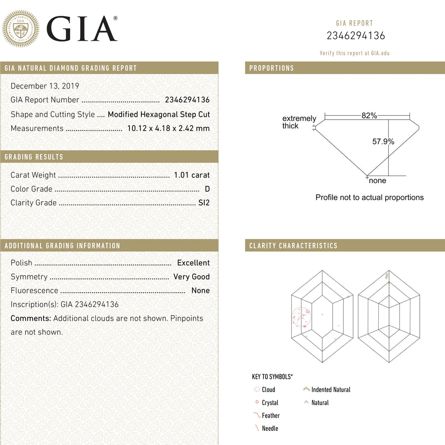 The 1.01ct 10.12x4.18x2.42mm GIA SI2 D Hexagon Step Cut 22621-01 by East London jeweller Rachel Boston | Discover our collections of unique and timeless engagement rings, wedding rings, and modern fine jewellery. - Rachel Boston Jewellery