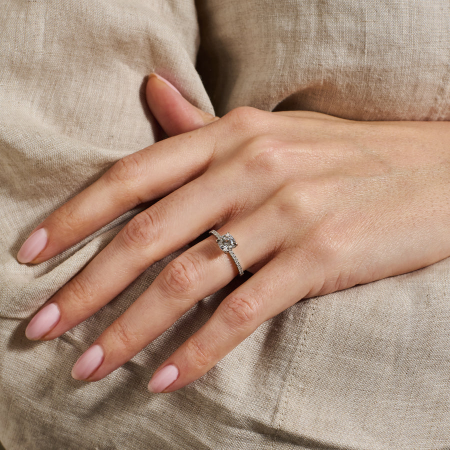 The Luna Ring - Cushion Cut by East London jeweller Rachel Boston | Discover our collections of unique and timeless engagement rings, wedding rings, and modern fine jewellery. - Rachel Boston Jewellery
