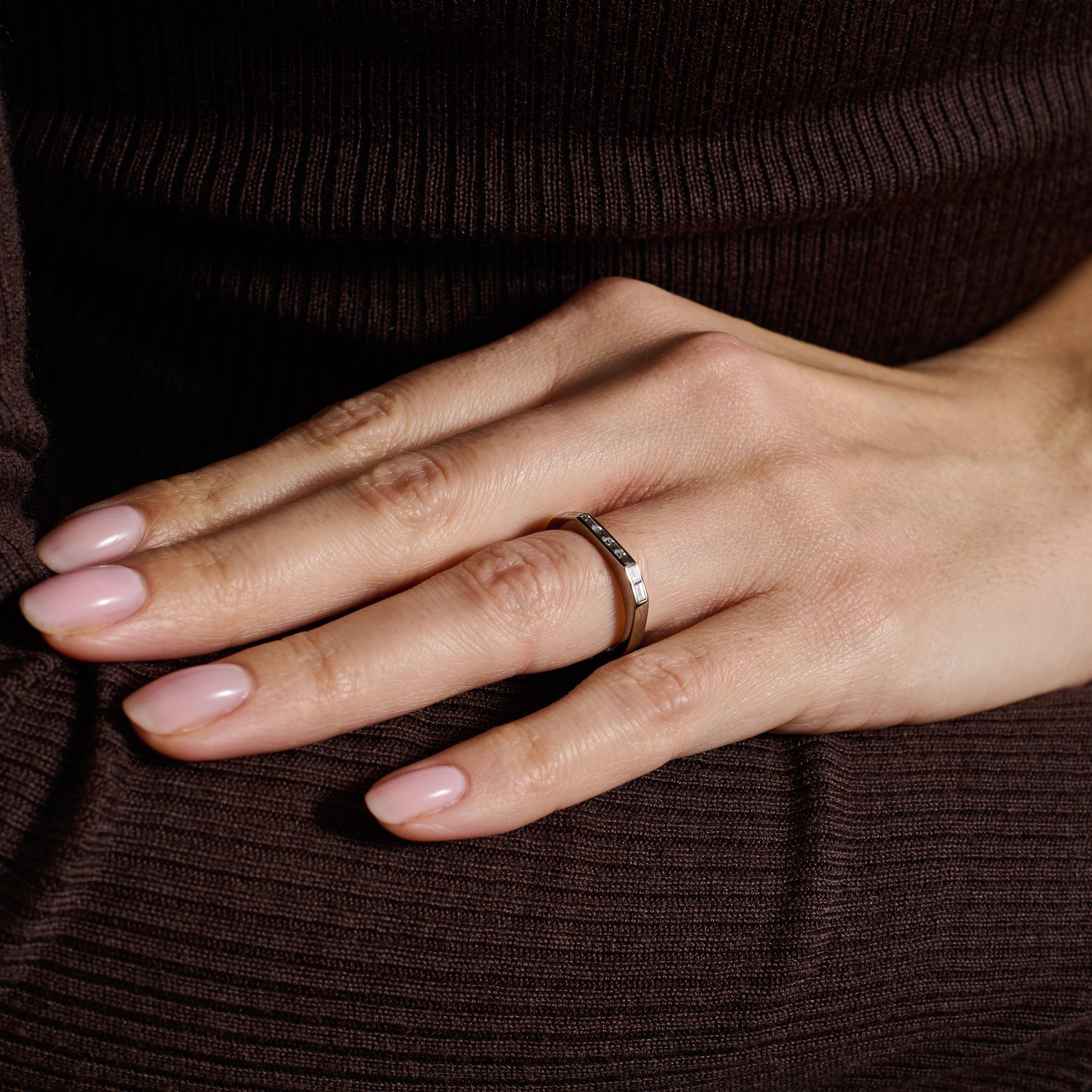 The Baguette Diamond Deco Wedding Band by East London jeweller Rachel Boston | Discover our collections of unique and timeless engagement rings, wedding rings, and modern fine jewellery.