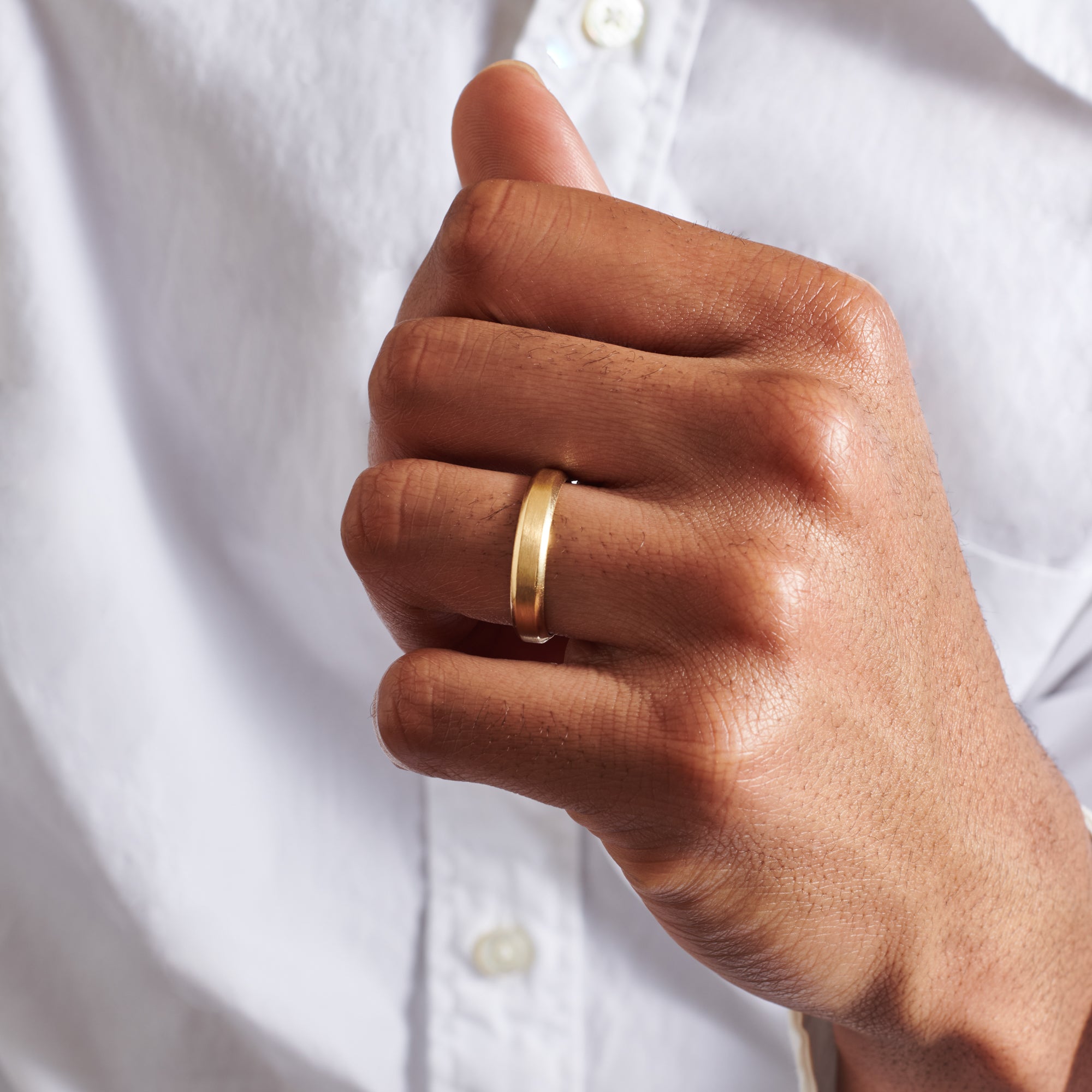 The Chamfered Edge Wedding Band - Matte - 4.7mm by East London jeweller Rachel Boston | Discover our collections of unique and timeless engagement rings, wedding rings, and modern fine jewellery.